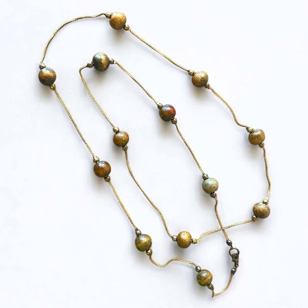 Vintage Boho Wooden Bead & Gold Station Necklace